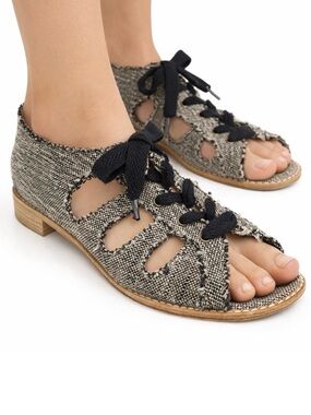 Stuart Weitzman Woven Open Toe Lace-Up Flats Sandals Boho Linen Burlap